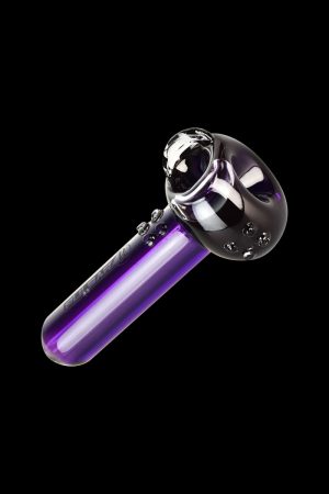 A side view of the Pulsar Glycerin Series Freezable Spoon Bowl Hand Pipe, showing its clear glass construction and curved design.