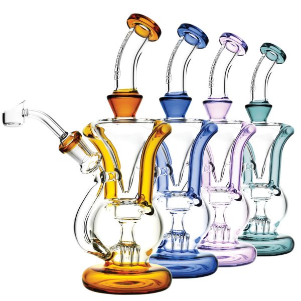 A front view of the Pulsar "Torch Water" Gravity Ball Rig Recycler, displaying its clear glass construction and rounded, stacked design.