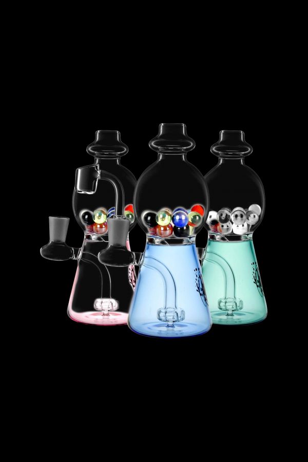 Colorful glass water pipes (bongs) with patterned bubbles and intricate designs, displayed against a black background.