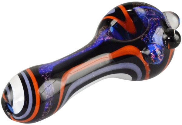 A three-quarter view of the Pulsar Dichro Swirl Spoon Pipe - Outer Space, showcasing its swirling, iridescent dichroic glass design.