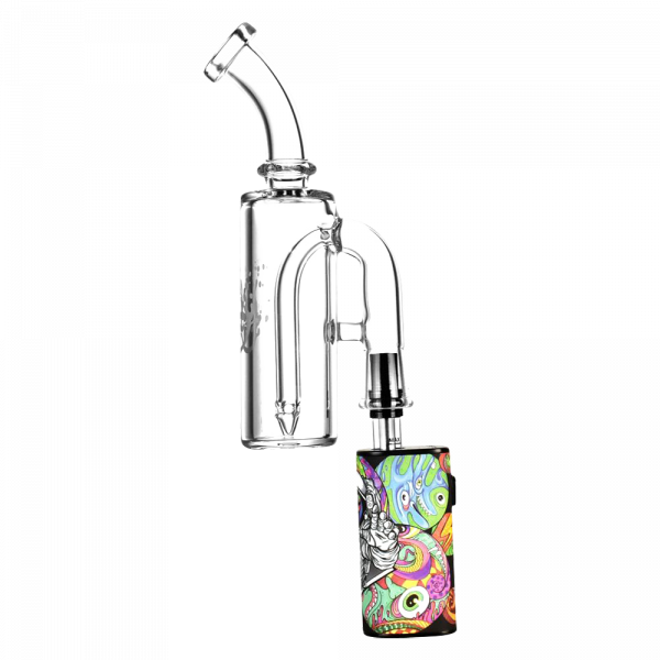 A front view of the Pulsar Petite Pocket Cart Rig Bubbler for Vapes, showing its clear glass construction and compact size.