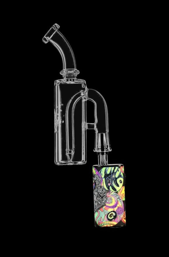 Front view of the Pulsar Petite Pocket Cart Rig Bubbler for Vapes, showcasing its compact size and clear glass construction.