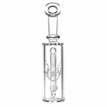 Front view of the Pulsar Petite Pocket Cart Rig Bubbler for Vapes, showcasing its clear glass construction and compact size.