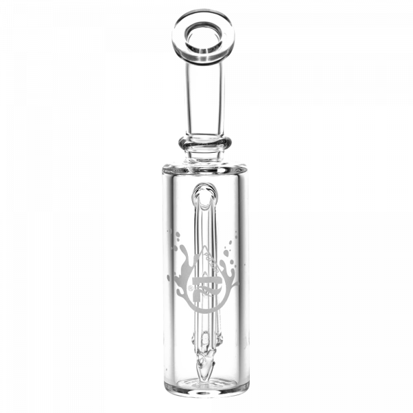 Front view of the Pulsar Petite Pocket Cart Rig Bubbler for Vapes, showcasing its clear glass construction and compact size.