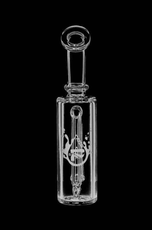 A close-up studio shot of the Pulsar Petite Pocket Cart Rig Bubbler for Vapes, showcasing its clear glass construction and compact size.