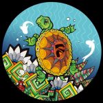 Front view of the Pulsar Psychedelic Turtle Beaker Water Pipe, featuring a colorful turtle design against a swirling blue background.