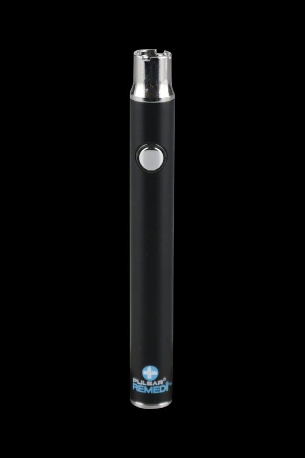 A front view of the Pulsar ReMEDi Variable Voltage Battery with Preheat, showcasing its sleek black cylindrical design.