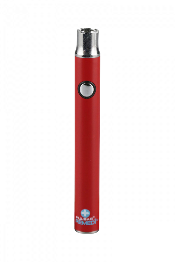 Close-up view of the Pulsar ReMEDi Variable Voltage Battery with Preheat, showcasing its sleek, metallic finish and minimalist design.