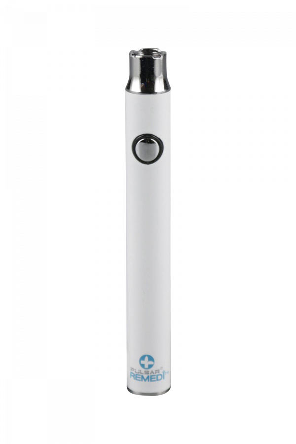 Front view of the Pulsar ReMEDi Variable Voltage Battery with Preheat, showing a sleek, silver cylindrical design.