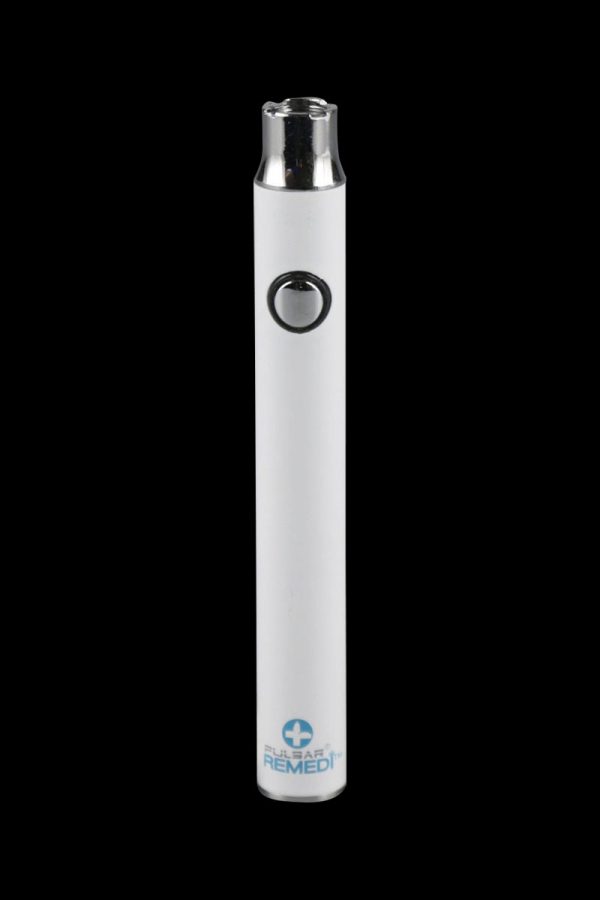 Front view of the Pulsar ReMEDi Variable Voltage Battery with Preheat, showing a sleek, silver cylindrical design.