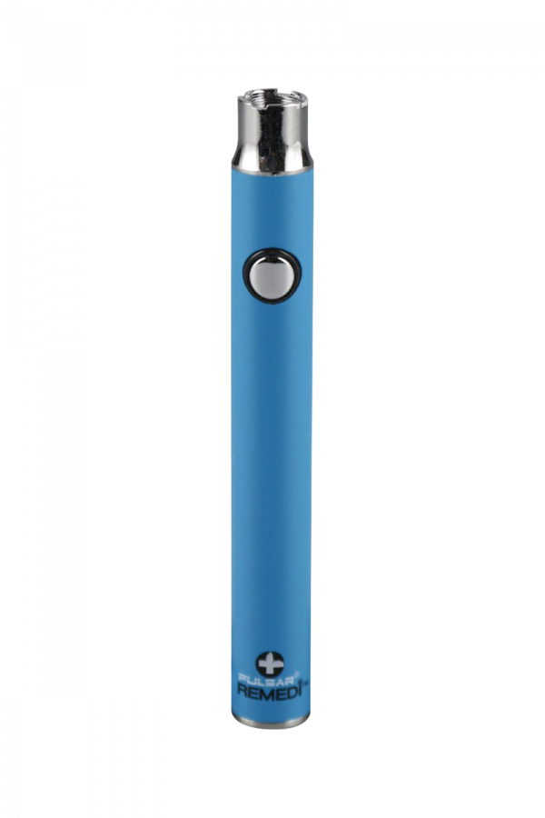 Front view of the Pulsar ReMEDi Variable Voltage Battery with Preheat, a sleek, silver-and-blue device against a plain white backdrop.