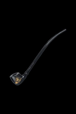 Black glass pipe with gold leaf detailing against a black background.