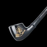 Black glass cannabis pipe with gold botanical design.