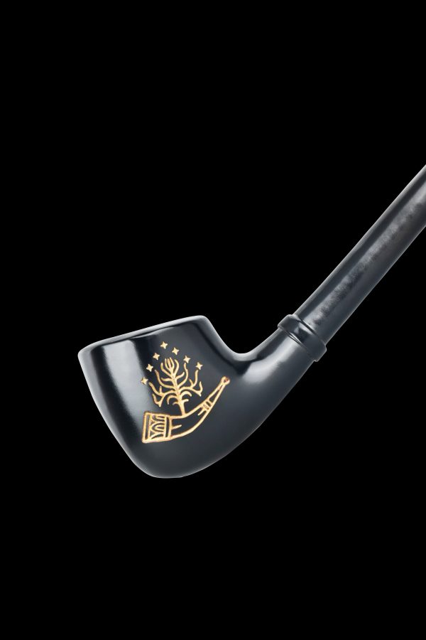 Black glass cannabis pipe with gold botanical design.