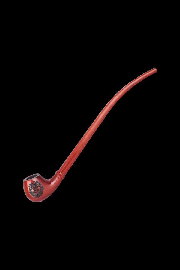 Red glass cannabis smoking pipe with ornate detailing.