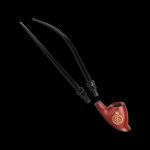 Red glass bubbler with two detachable black hoses against a black background.