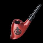 Red glass pipe with a laurel wreath and cannabis leaf design.