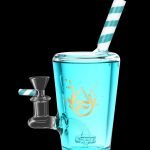 Blue glass water pipe with a patterned straw and removable bowl piece.