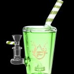 Lime green glass bubbler water pipe with a removable bowl and straw-like mouthpiece.