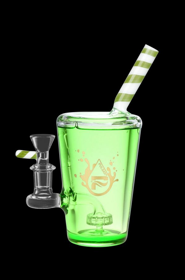 Lime green glass bubbler water pipe with a removable bowl and straw-like mouthpiece.