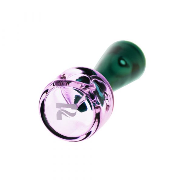 Close-up angled view of the Pulsar Stacked Geometric Hand Pipe, showing its smooth, dark-green glass construction.