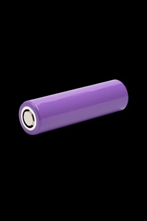 Purple 18650 vape battery isolated on black.