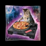 A vibrant, rectangular rolling tray depicting a grey kitten DJing with a pizza as a turntable, set against a cosmic, starry background, branded with "Supreme" and cannabis-themed logos.