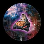 A circular, cosmic-themed design featuring a cat DJing on a cannabis grinder with a pizza slice, surrounded by celestial imagery and branded with cannabis-related logos.