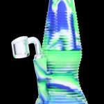 Blue and green silicone water pipe with a glass bowl.