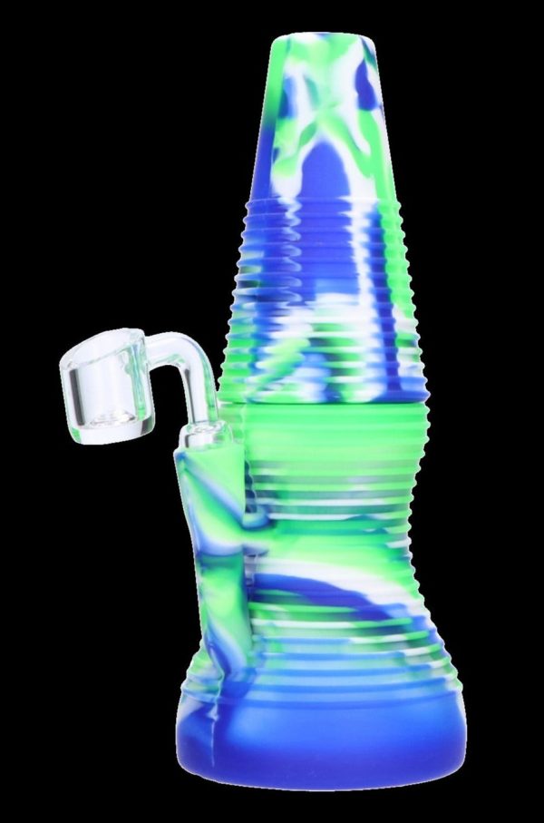 Blue and green silicone water pipe with a glass bowl.