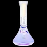 Iridescent glass water pipe (bong) with a downstem, isolated on a black background.