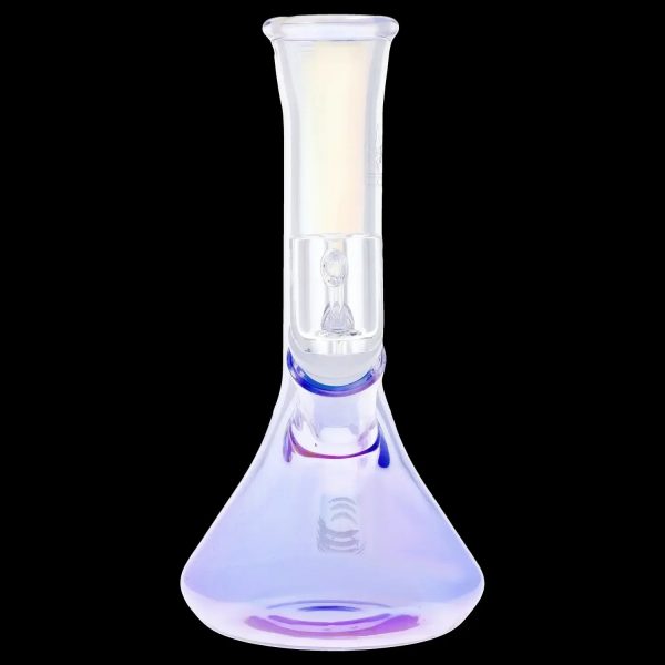Iridescent glass water pipe (bong) with a downstem, isolated on a black background.