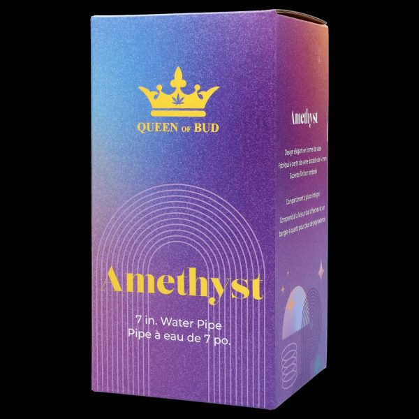 Purple packaging for "Amethyst" 7-inch water pipe, featuring cannabis leaf crown and product details in French and English.