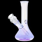 Iridescent glass bong with a flared base and angled mouthpiece.