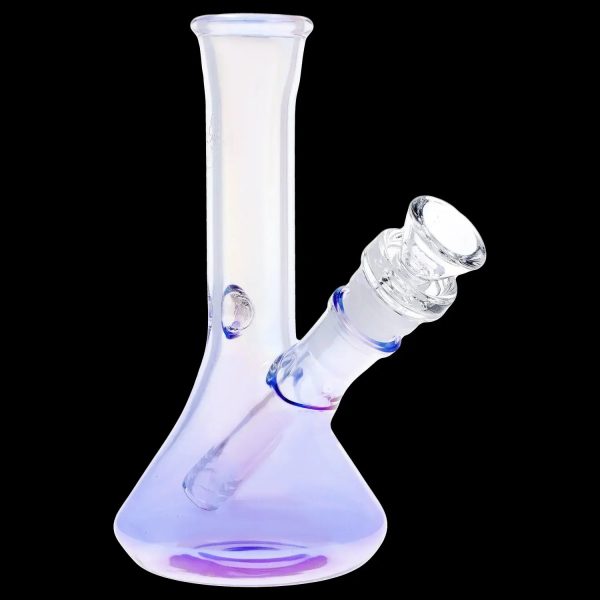 Iridescent glass bong with a flared base and angled neck.