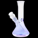 Iridescent glass bong with a flared base and angled neck.