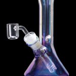 A three-quarter view of the 7-inch Queen of Bud Amethyst Dab Rig, showcasing its purple-tinted glass and curved design.