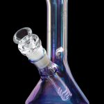 A studio shot of the 7-inch Queen of Bud Amethyst Dab Rig, featuring a smooth, purple-tinted glass construction.