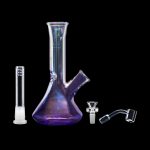 A studio shot of the 7-inch Queen of Bud Amethyst Dab Rig with its quartz nail, displayed against a dark backdrop.