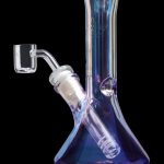 A front view of the 7-inch Queen of Bud Amethyst Dab Rig, showcasing the purple-tinted glass and curved neck design.