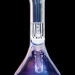 A front view of the 7-inch Queen of Bud Amethyst Dab Rig, showcasing its purple-tinted glass and streamlined design against a dark background.