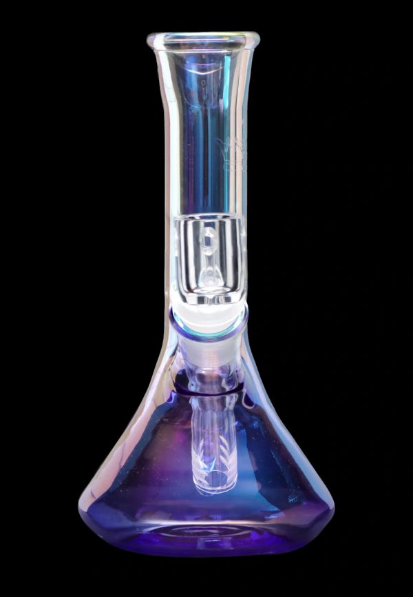 A front view of the 7-inch Queen of Bud Amethyst Dab Rig, showcasing its purple-tinted glass and streamlined design against a dark background.