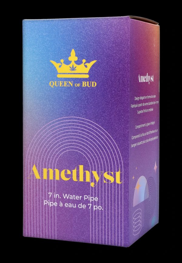 Front view of the Queen of Bud Amethyst Dab Rig, showcasing its clear glass construction and unique design.