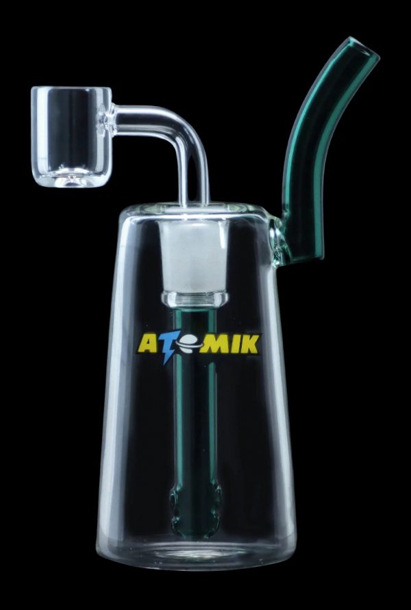 Glass dab rig with quartz banger and colorful accents.