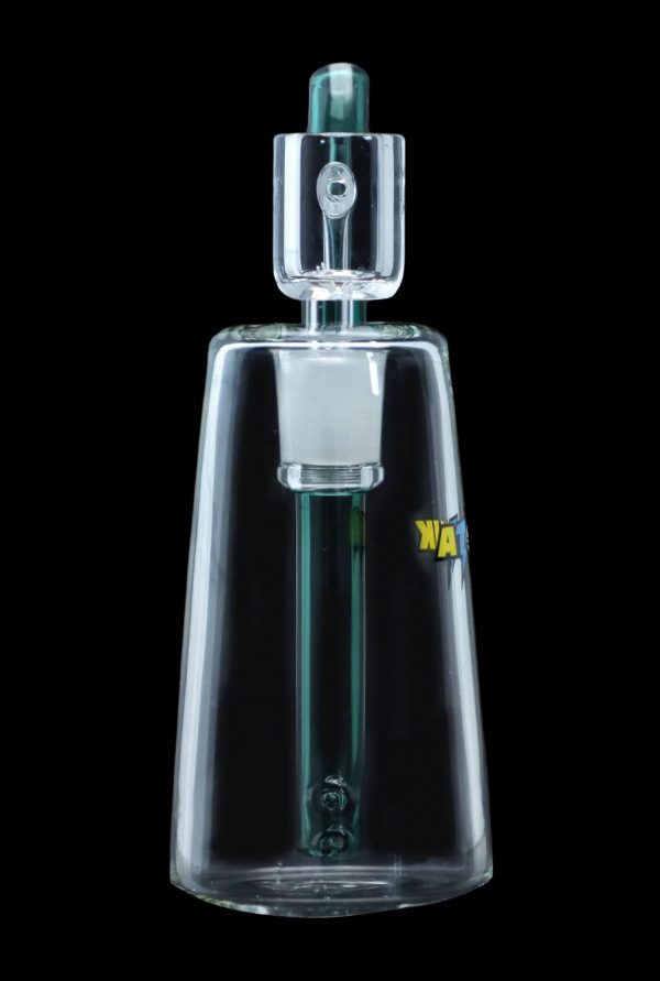Clear glass water pipe with teal accents, isolated on a black background.