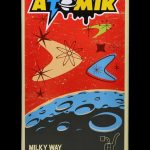 Vintage-style packaging for “Atomik Milky Way” water pipe, featuring mid-century modern atomic starbursts and a blue planetary design.