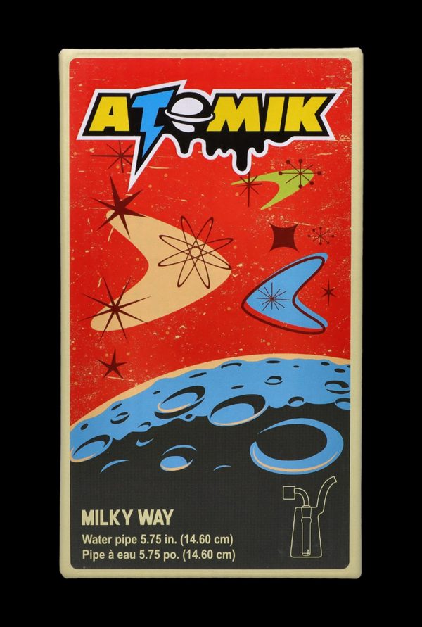 Vintage-style packaging for “Atomik Milky Way” water pipe, featuring mid-century modern atomic starbursts and a blue planetary design.