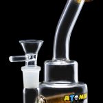 Clear glass bubbler water pipe with a flared mouthpiece and colorful accents.