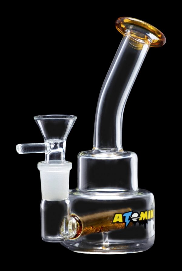 Clear glass bubbler water pipe with a flared mouthpiece and colorful accents.