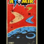 Vintage-style box for “Atomik Comet” water pipe, featuring mid-century modern space-age graphics in red, turquoise, and gold.